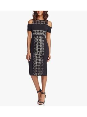 Maggy London Cold Shoulder Circle Flower Lace Sheath Dress Black Womens Size 2